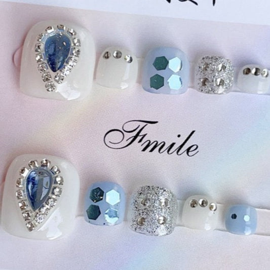 Creamy Blue Drops  Handmade Press On Toe Nails