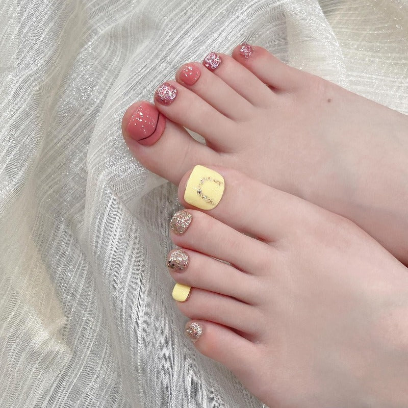 Red and Yellow Matching Square Handmade Press On Toe Nails