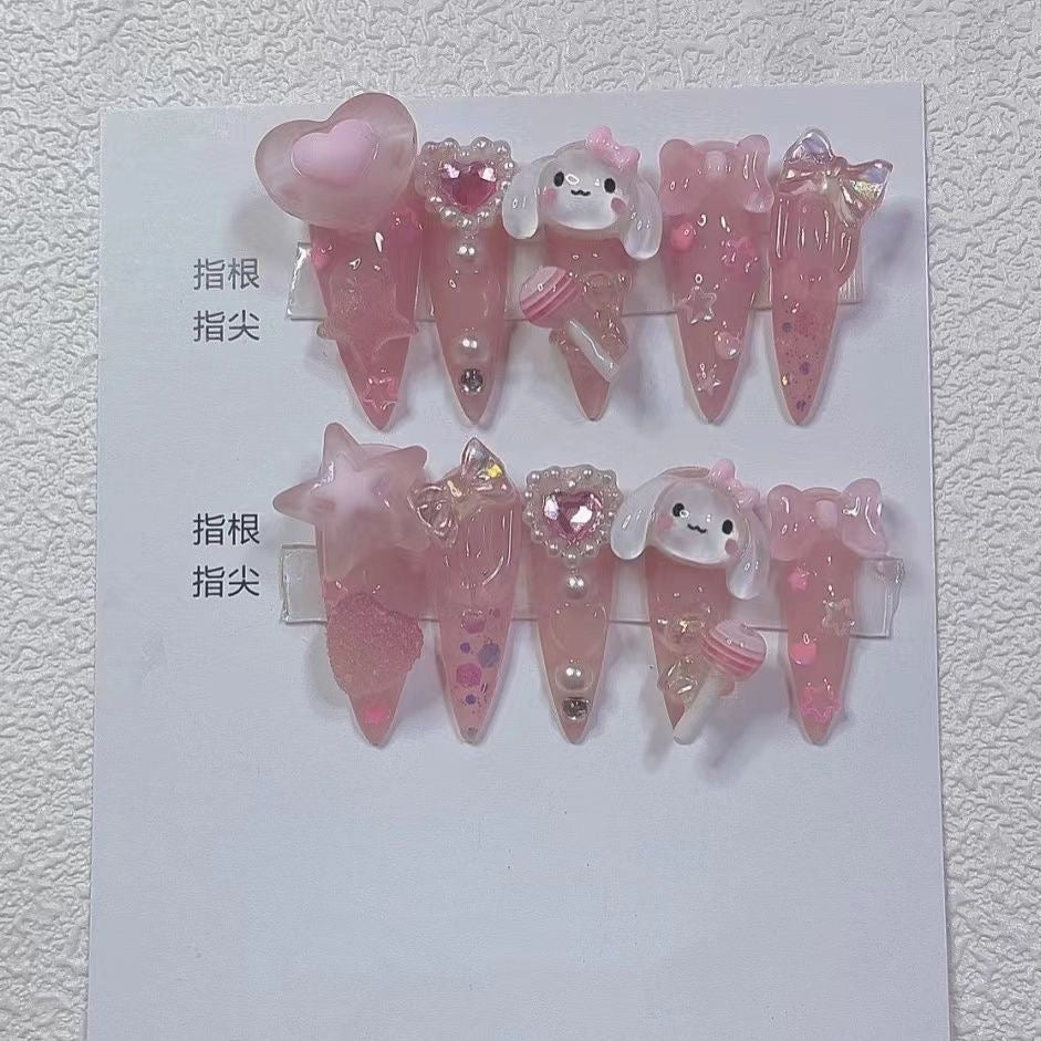 Extra Long Pink Cinnamon Dog Handmade Press On Nail