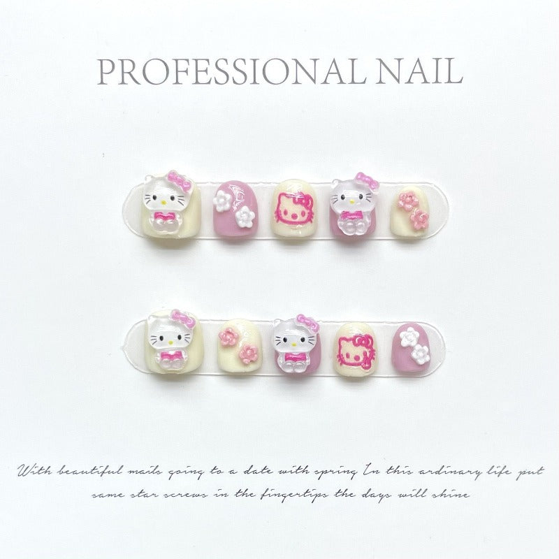 White Hellokitty Handmade Press On Nails