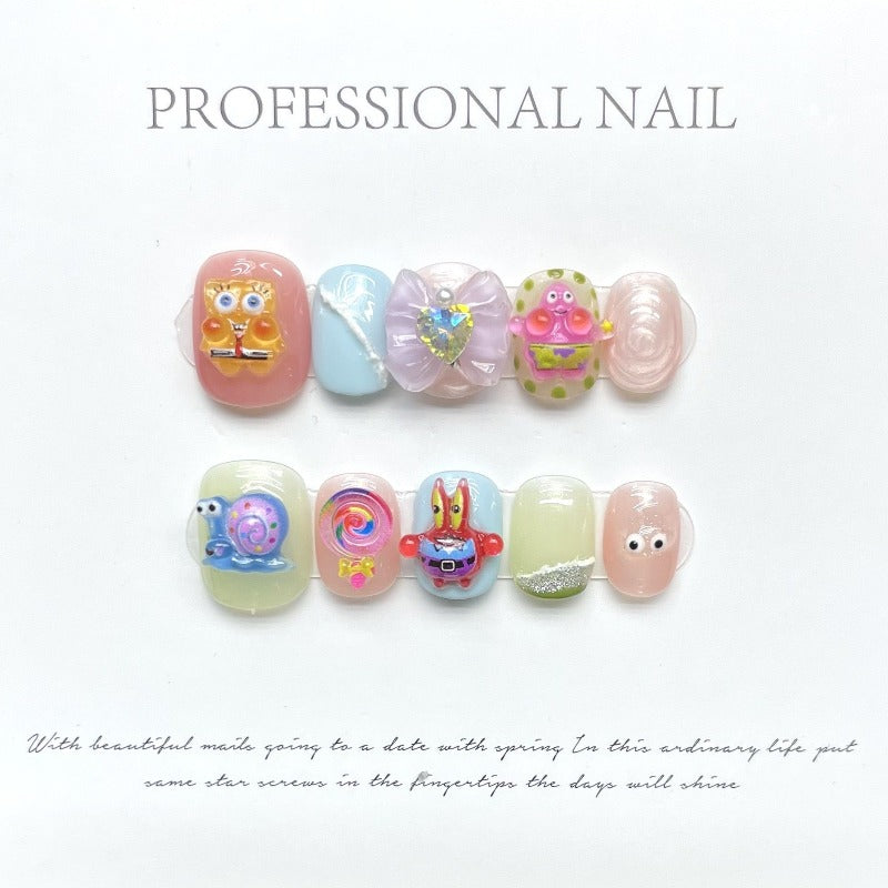 Colourful SpongeBob SquarePants Handmade Press On Nails