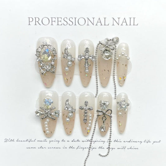 Sparkling Pearl Chain French Nail Handmade Press On Nail