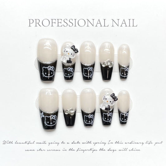 Hello Kitty Black French Nail Handmade Press On Nail