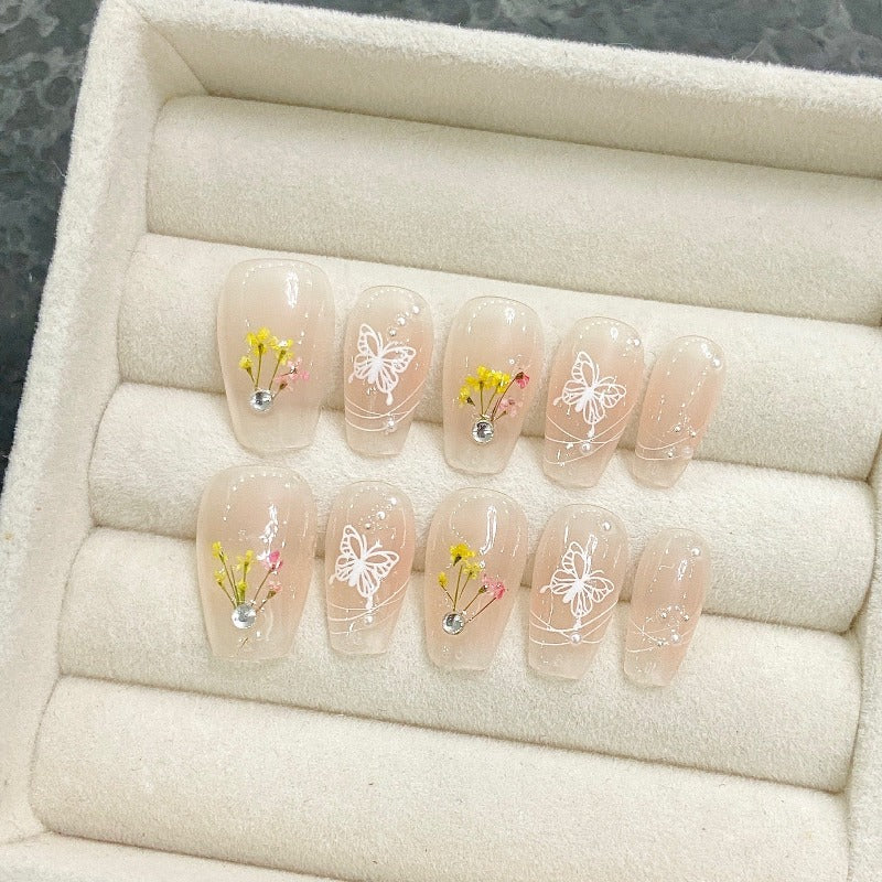 Butterfly Sniffing Flower Nude Nail Handmade Press On Nail