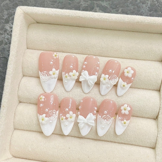 Flower Bow White French Nail Handmade Press On Nail