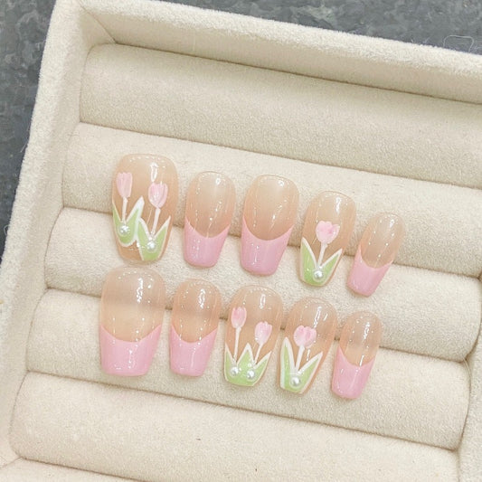 Pink Lily French Nail Handmade Press On Nail