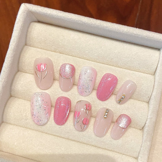 Crushed Glitter Bouquet Pink Nail Handmade Press On Nail