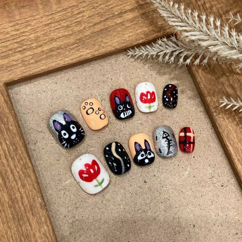 Hand Drawn Cat Cartoon Handmade Press On Nail