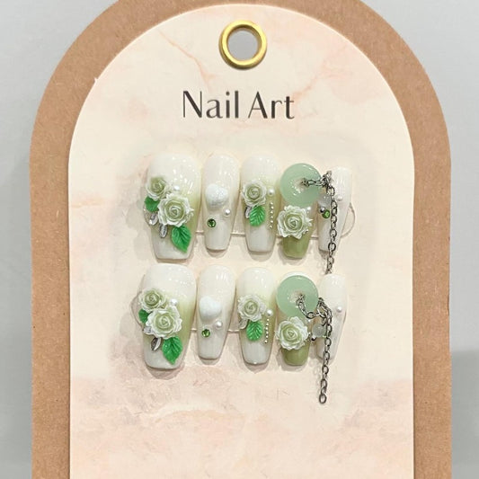 Green Camellia Handmade Press On Nail