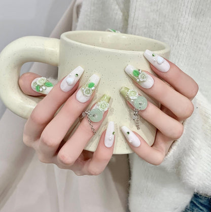 Green Camellia Handmade Press On Nail