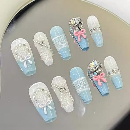 Lace Bow Blue Nail