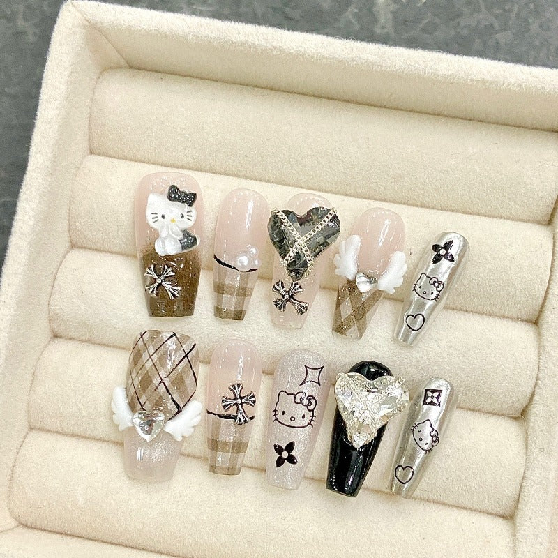 Hellokitty Plaid Brown Nails Love Wings Handmade Press On Nail