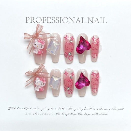 Hellokitty Pink Nail Bow Heart Big Diamonds Handmade Press On Nail