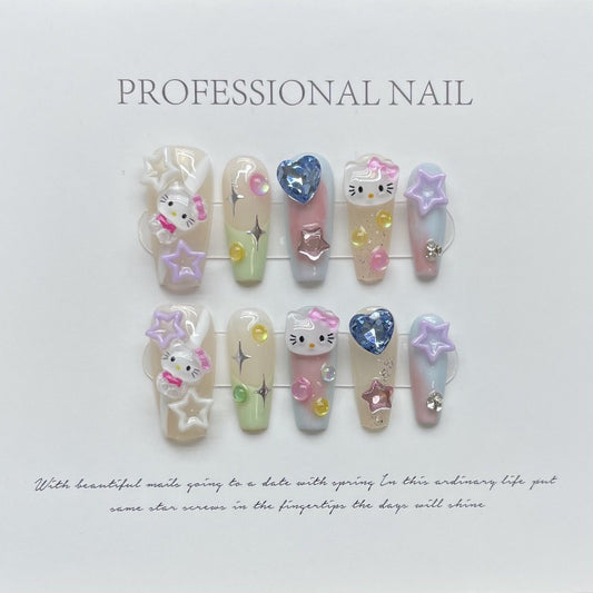 Colourful Pentagram Hello Kitty Handmade Press On Nail