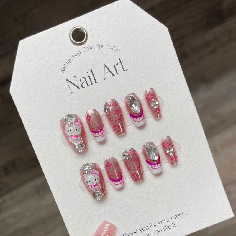 Magic Mirror Pink Nail hello Kitty Handmade Press On Nail