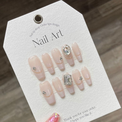 Nude Large Diamond French Nail Handmade Press On Nail