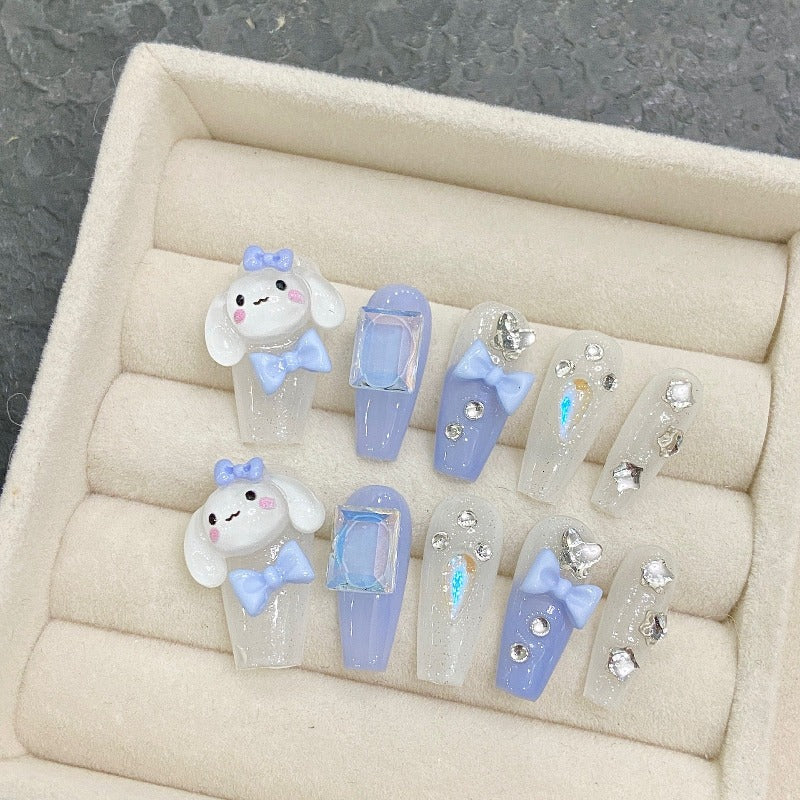 Ice Translucent Blue Jade Cinnamon Dog  Handmade Press On Nail