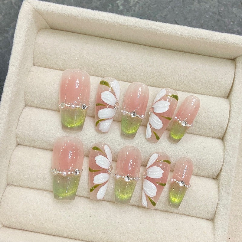 Green Fairy Ice Flower French Nail Handmade Press On Nail