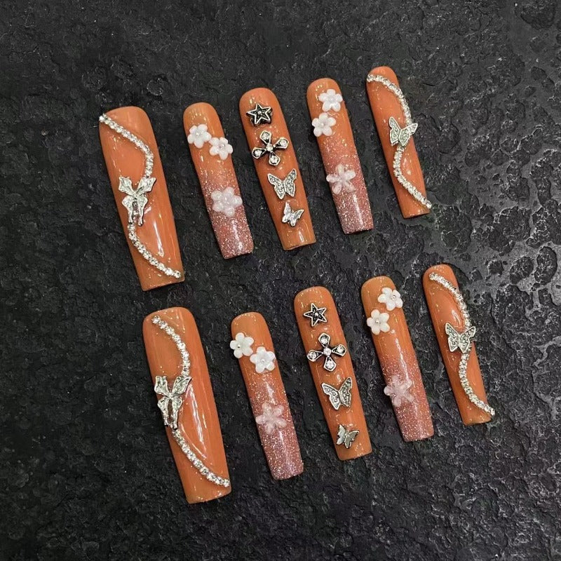 Metallic Butterfly Orange Extra Long Nail  Press On Nail