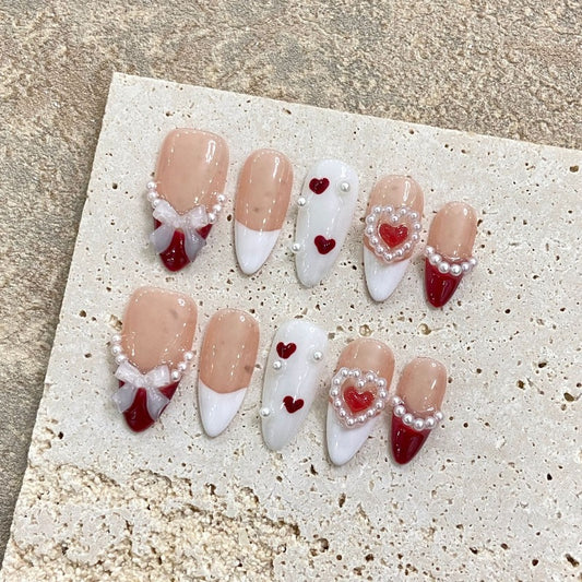 Pearl French Bow Almond Nail  Handmade Press On Nail