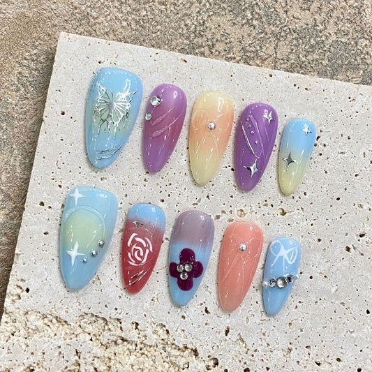 Gentle Light Blue Butterfly Almond Nail  Handmade Press On Nail