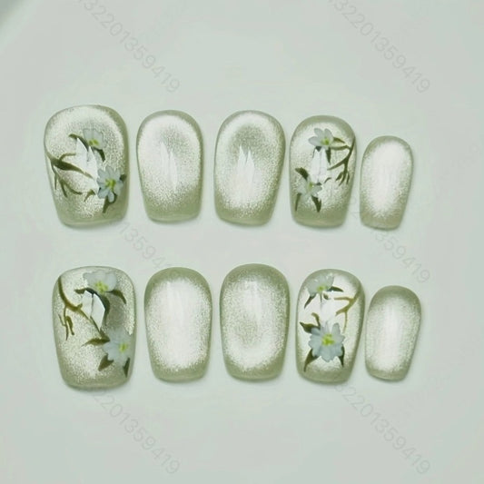 Gardenia Green Cat's Eye Handmade Press On Nail