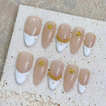 Gold Chain Nude White French Nail Handmade Press On Nail