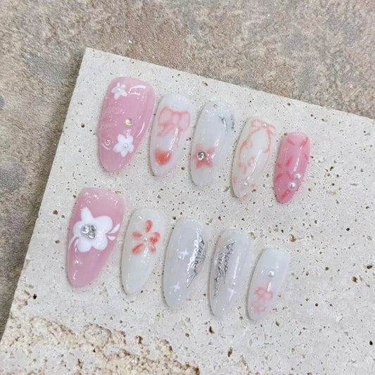 Blush Hand Painted Flower Handmade Press On Nail