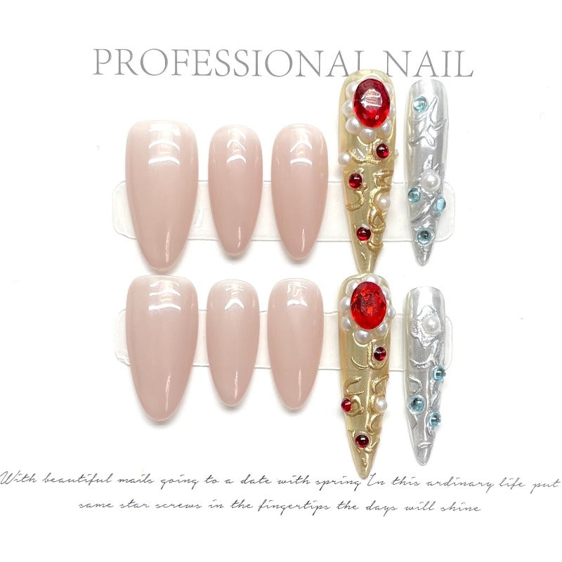 Palace Style Armour Luxurious Ruby Handmade Press On Nail