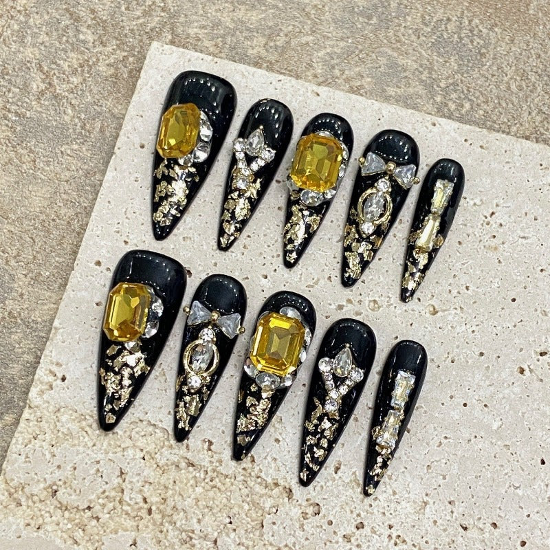 Big Yellow Masonry Black Biker Style Nail Handmade Press On Nail