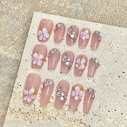 Hand Painted Flower Shiny Brick Pink Nail