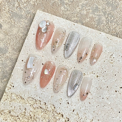 Extravagant Ice Clear Cat Eye Almond Nails Handmade Press On Nail