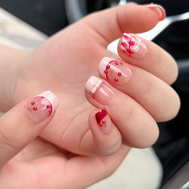 Cherry Pink French Nail Handmade Press On Nail