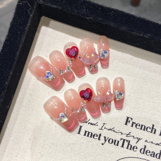 Red Big Heart Diamonds Pink Romantic Cat Eye Nails Handmade Press On Nail