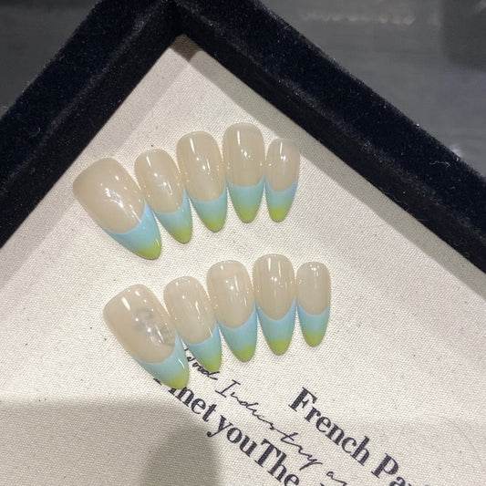 Gradient Blue French Almond Nail Handmade Press On Nail