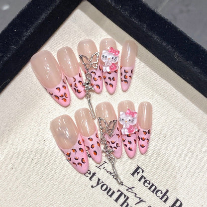 Leopard Print Pink Hello Kitty French Nail