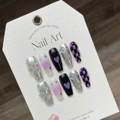 Plaid Star Purple Silver Nail Handmade Press On Nail