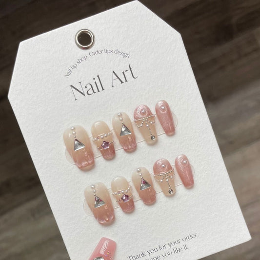 Personalised Triangle Diamond Pink Cat Eye Nail Handmade Press On Nail