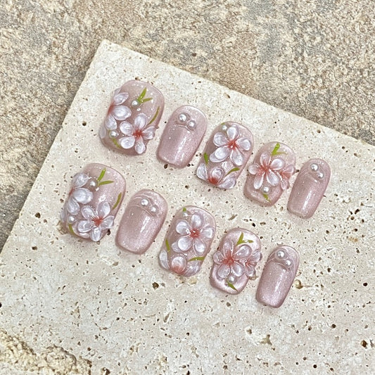 Cubic Peach Pink Cat Eye Handmade Press On Nail