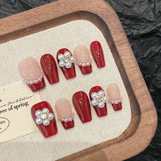 Pearl Flower Red Nail