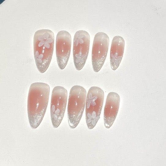 White Flower Pink Almond Nail Handmade Press On Nails