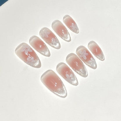 White Flower Pink Almond Nail Handmade Press On Nails