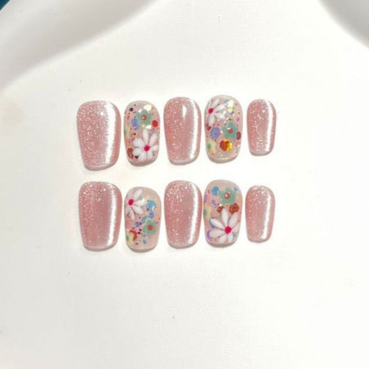 Flower Pink Cat Eye Nail Handmade Press On Nails