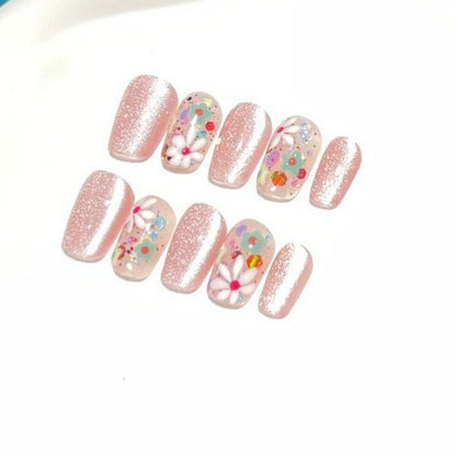 Flower Pink Cat Eye Nail Handmade Press On Nails