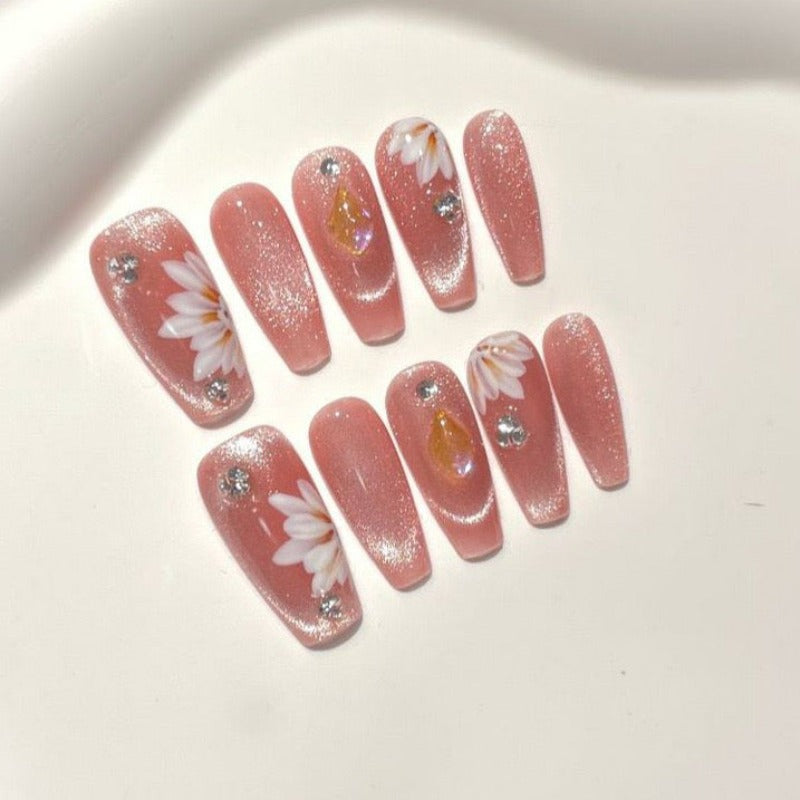 Big Daisy Pink Cat Eye Nail Handmade Press On Nails