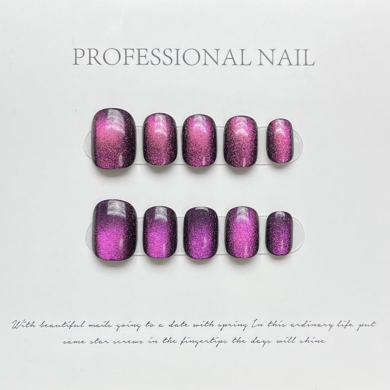 Purple Cat Eye Round Nail Handmade Press On Nail