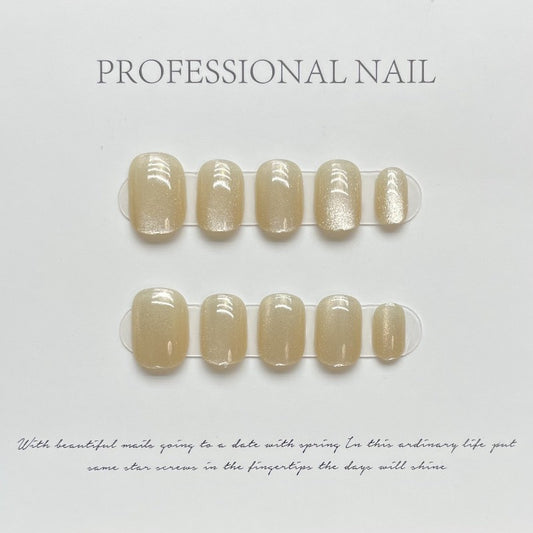 Yellow Cat Eye Round Nail Handmade Press On Nail