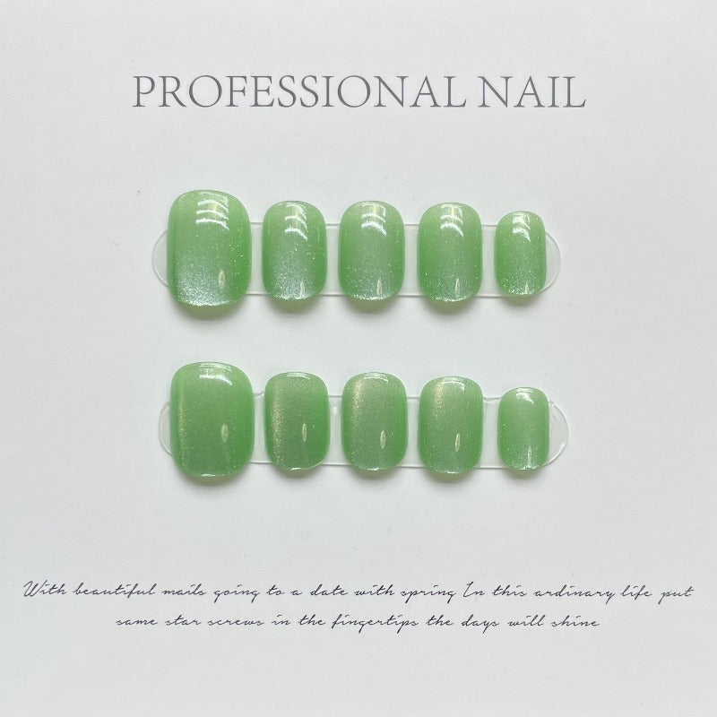 Green Cat Eye Round Nail Handmade Press On Nail