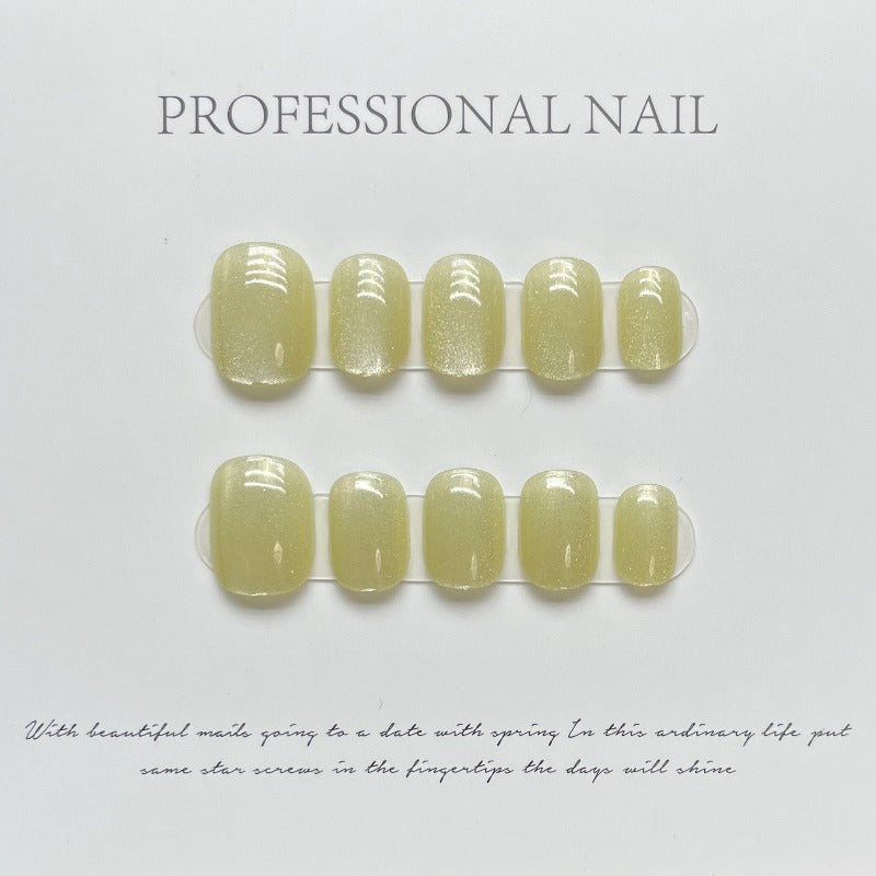 Bright Yellow Cat Eye Round Nail Handmade Press On Nail