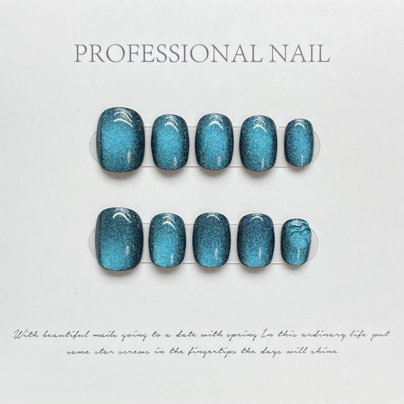 Blue Cat Eye Round Nail Handmade Press On Nail